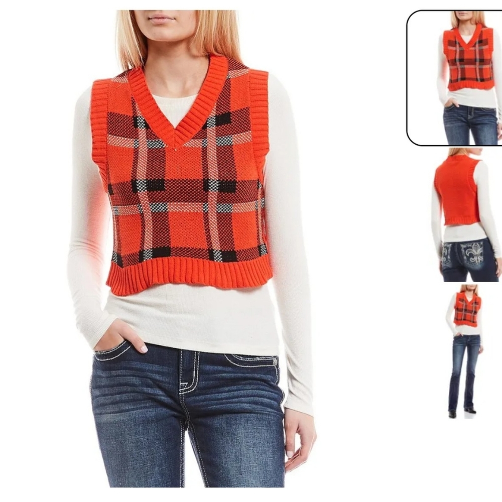 Say What Orange Plaid V Neck Crop Sweater Sleeveless Vest Size Xl NWT